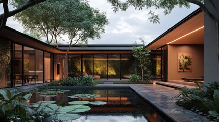 Fototapeta premium Modern courtyard home with tranquil water feature. Lush greenery surrounds a tranquil pool, reflecting the surrounding architecture. 