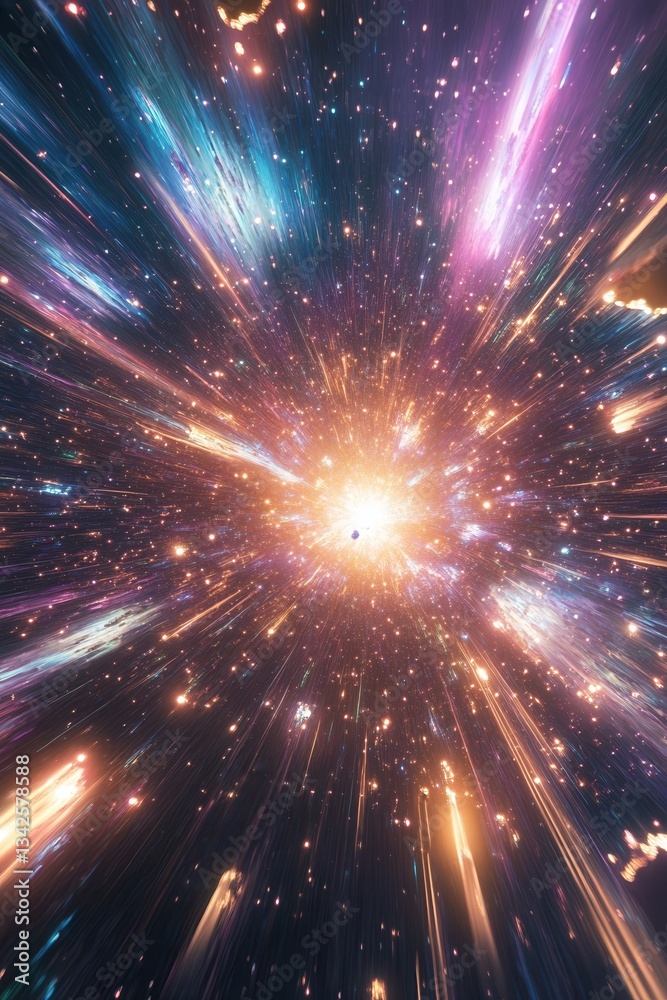 Wall mural stunning abstract hyperspace jump through a cosmic wormhole with colorful light rays.