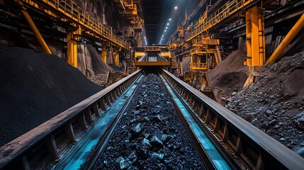 Obraz premium Coal Moving on Conveyor Belt in an Industrial Setting