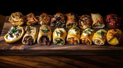 Mixed empanadas on wooden board with tasty fillings.
