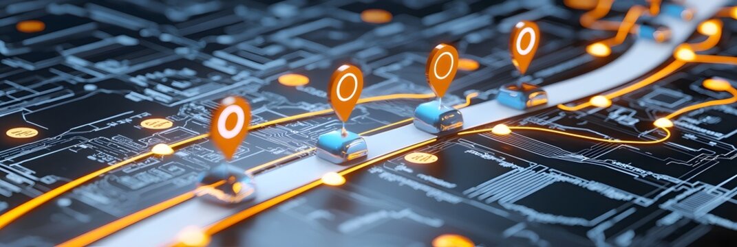 A futuristic and dynamic digital landscape showcasing a business timeline with illuminated milestones and progress indicators representing innovation growth and digital transformation
