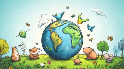 Animals and birds celebrate earth day in a colorful landscape illustrative art whimsical style nature bright colors