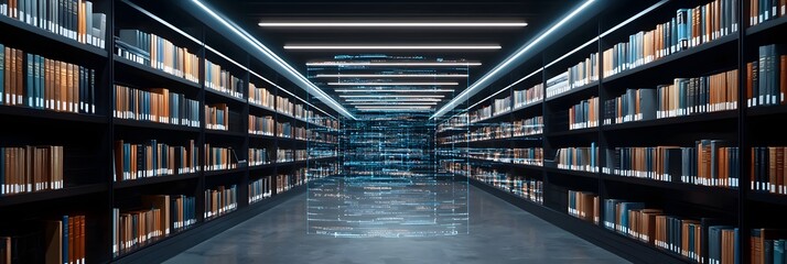 Obraz premium A futuristic digital library with an infinite array of bookshelves floating books and interactive data streams creating a minimalist and innovative space for learning and research