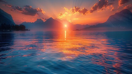 The sun rising from the sea or mountains in the early morning, casting a warm golden glow over the horizon and creating a serene and peaceful atmosphere. This breathtaking scene captures the beauty of