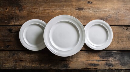 Three pristine white plates, their surfaces gleaming, rested on a rustic wooden table, a testament to simplicity and the elegance of everyday dining.