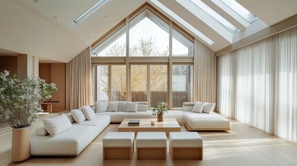 Fototapeta premium Elegant contemporary living room design with large windows and natural light