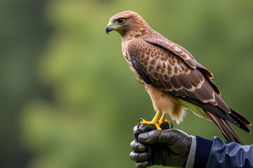 Fototapeta premium Hawk Perched on a Falconer’s Gloved Hand