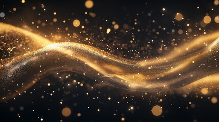 Obraz premium Golden Sparkle Wave: A mesmerizing golden wave of shimmering particles against a dark backdrop, creating an elegant and captivating visual.