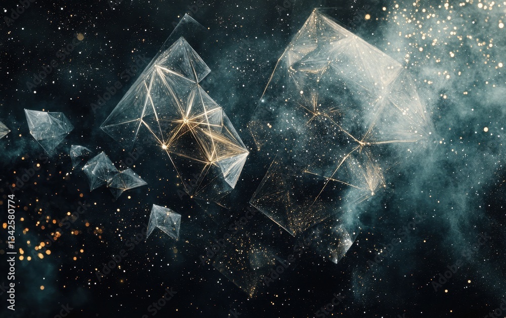Wall mural abstract geometric polygons in a sparkling starfield, modern 3d rendering.