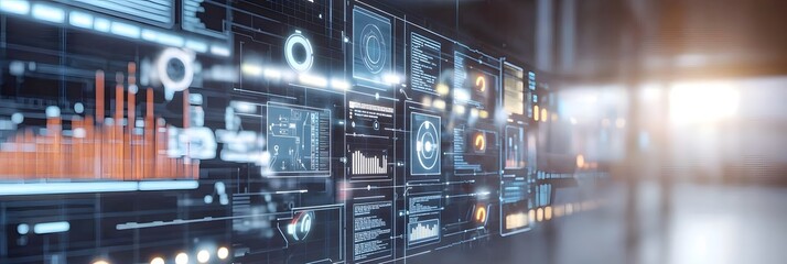 Fototapeta premium A futuristic high tech interface showcasing a minimalist design with floating data panels glowing lines and an abstract digital aesthetic