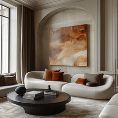 A sophisticated living space with abstract art, plush seating, and sculptural details, reflecting refined modern aesthetics.