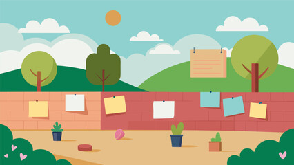 Fototapeta premium A neighborhood park has a designated affirmation wall where residents can leave sticky notes with positive messages and compliments for others to discover.. Vector illustration
