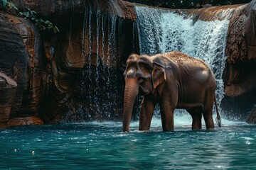 Majestic elephant standing in a tranquil pool beneath a cascading waterfall in a natural habitat setting during the day