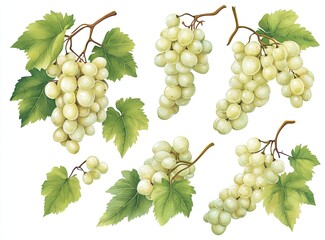 Fresh white grapes bunches with leaves.  A collection of realistic illustrations showcasing clusters of  pale yellow-green grapes.  Each bunch features intricately detailed leaves and stems, 