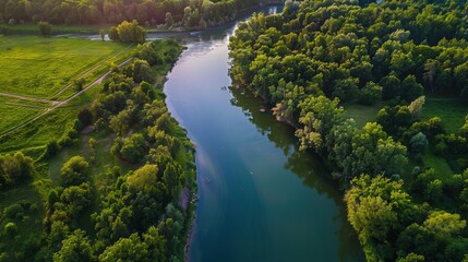 Breathtaking Aerial View: River and Lush Green Forest in Tuchola Natural Park
