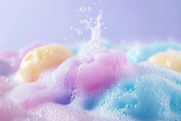 Fototapeta premium Abstract Pastel Colored Soapy Foam with Splashes, Liquid Explosion, Bubbly Texture, Bath Bomb Fizz