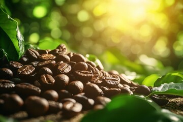 Obraz premium Fresh Roasted Coffee Beans Pile in Lush Green Farm Setting with Sunlight