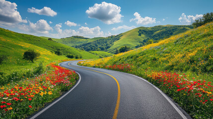 Spring break road trip. scenic spring break road trip through vibrant hills and wildflowers