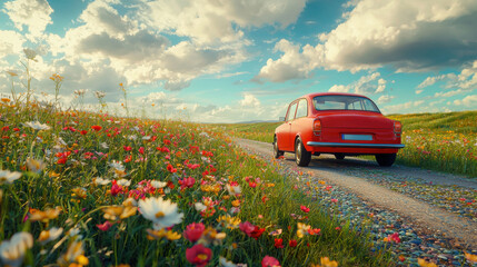 Spring break road trip. Red car on scenic spring break road trip through vibrant flower field