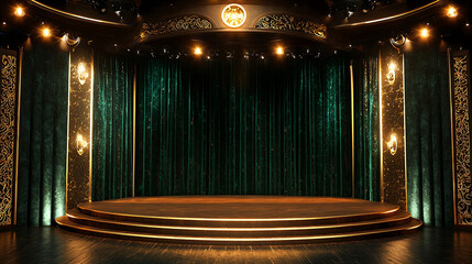 Luxurious Vintage Theater Stage with Velvet Curtains and Golden Decor
