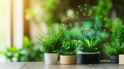 Smart Green Oasis: Vibrant potted plants on a wooden surface are enhanced with a holographic interface, highlighting the fusion of technology and environmental consciousness.
