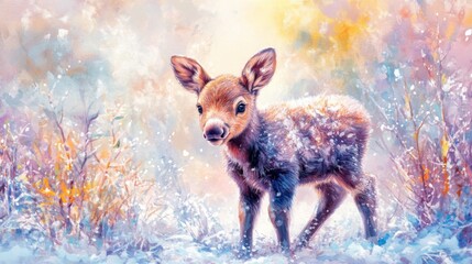 Adorable Fawn in Snowy Winter Forest