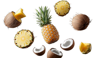 A dynamic scene with floating pineapples and coconuts, capturing tropical vibes, isolated on transparent background