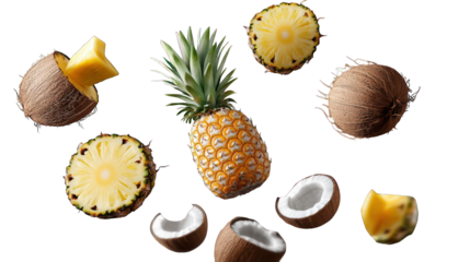 A dynamic scene with floating pineapples and coconuts, capturing tropical vibes, isolated on transparent background