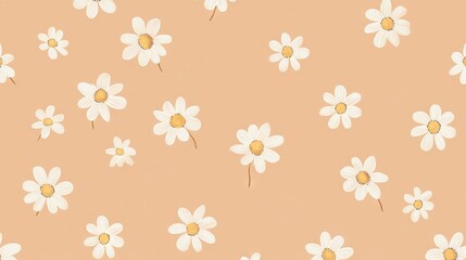 Tiny white daisies flower on a light brown background, a simple flat illustration style, a pattern design for a phone case or wallpaper, seamless.