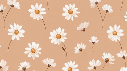 Tiny white daisies flower on a light brown background, a simple flat illustration style, a pattern design for a phone case or wallpaper, seamless.