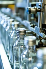 Bottling machines fill glass jars. Labels are applied with precision