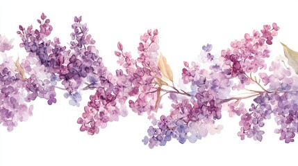 watercolor lush branches of lilac, branches of lilac on white background is isolated