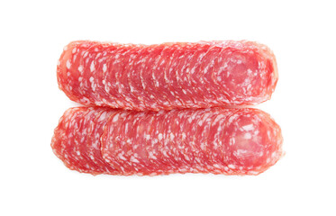 Slices of tasty smoked sausage on white background, top view
