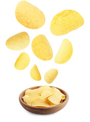 Tasty potato chips falling into bowl on white background