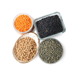 Different types of lentils isolated on white, top view