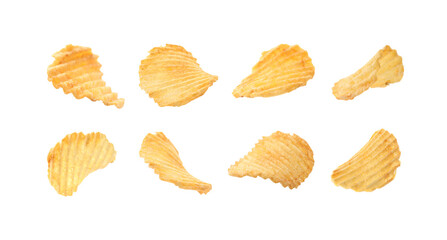 Tasty ridged potato chips on white background, collage