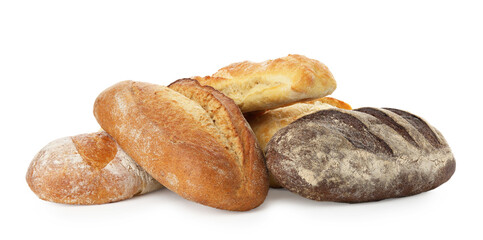 Different loaves of freshly baked bread isolated on white