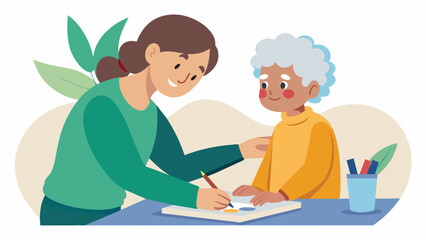 A person gently guiding an elderly participant as they use watercolors to recreate a favorite childhood memory.. Vector illustration