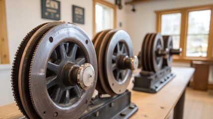 Obraz premium Vintage Mechanical Wheels on Workshop Table in Bright Interior Space