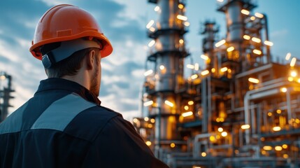 Engineer Overlooking Industrial Complex at Dusk