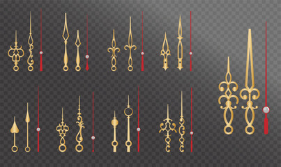 Set of Realistic Vintage Clock golden colored or Ornate Clock Hands Collection isolated.