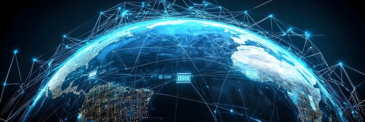 Abstract digital globe with a network of glowing lines and data connections representing the global reach of education and technological advancement across the world