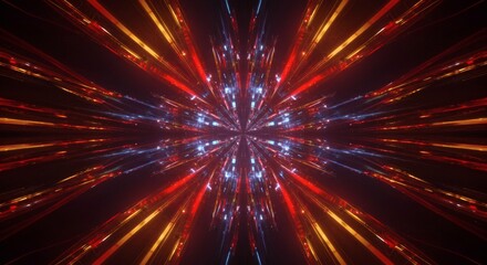 Abstract Light Explosion of Red Orange and Blue Lines on Black