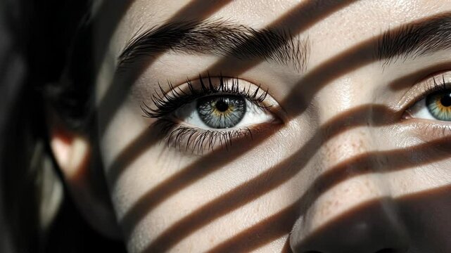 Captivating close-up of a person's eyes with dramatic shadows highlighting features during golden hour