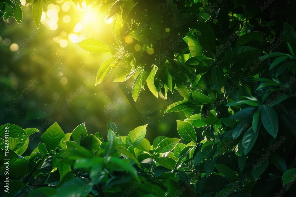 Aufkleber sunlight filters through vibrant green leaves in a lush forest during midday, creating a tranquil an