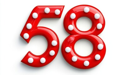 Bright Red Number 58 with White Bulbs Decoration on White Background