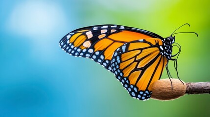Vibrant Monarch Butterfly Perched on a Branch Against Colorful Background
