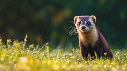 Fototapeta premium Cute European Polecat Sitting on Green Grass in Nature
