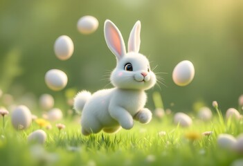 Cute Cartoon Bunny with Easter Eggs in a Meadow