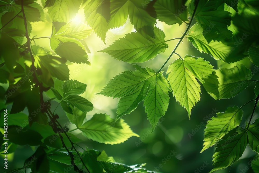 Aufkleber sunlight filters through vibrant green leaves in a lush forest during midday, creating a tranquil an